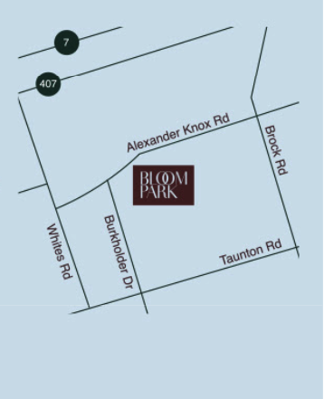 Bloom Park location map — Burkholder Dr. and Alexander Knox Rd. in Seaton, Pickering near Highway 407 and Brock Road