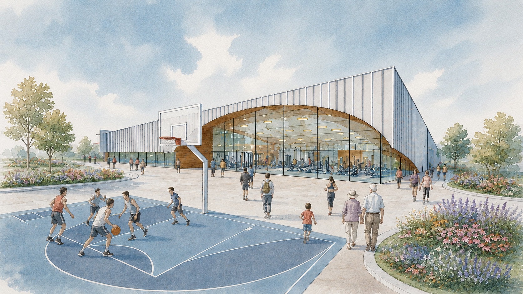 Bloom Park 10-hectare recreation centre rendering — basketball courts, fitness centre, parks, and community gathering spaces in Seaton, Pickering
